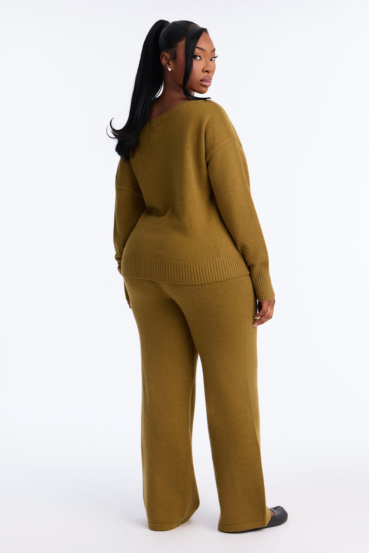 Levine Off Shoulder Sweater Pant Set - Olive