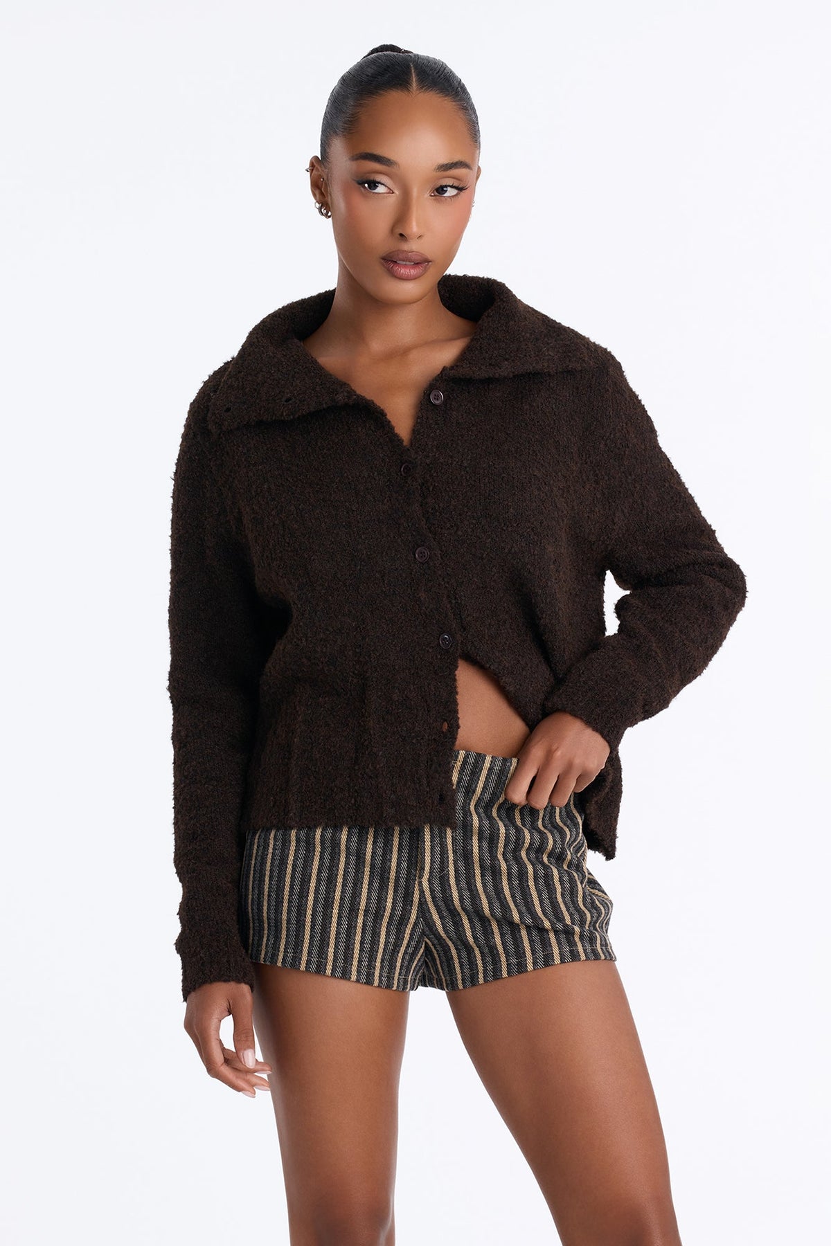 Hazy Love Funnel Neck Cardigan - Chocolate