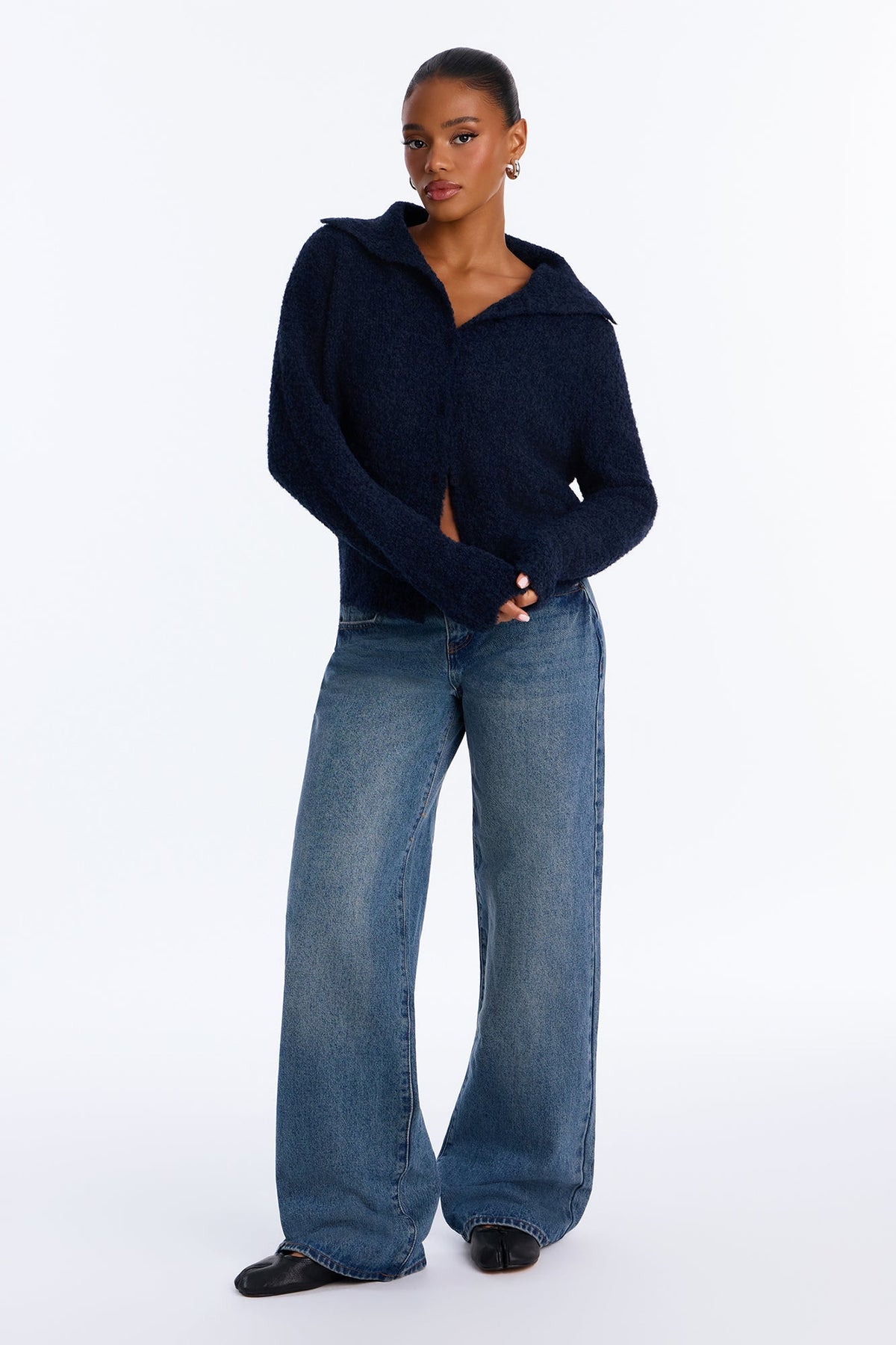 Hazy Love Funnel Neck Cardigan - Navy