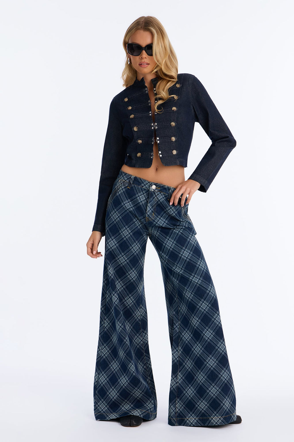Study Hall Plaid Wide Leg Jeans - DarkWash