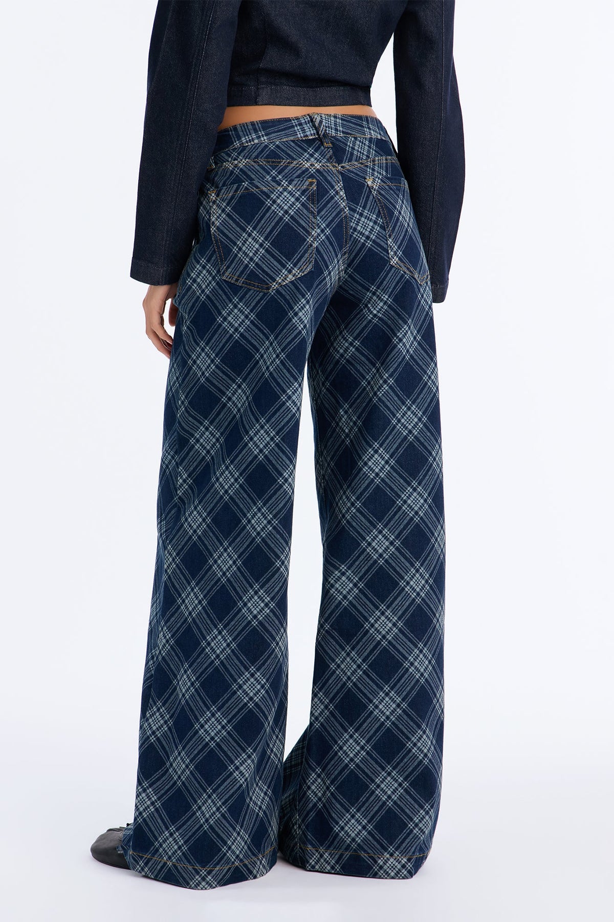 Study Hall Plaid Wide Leg Jeans - DarkWash