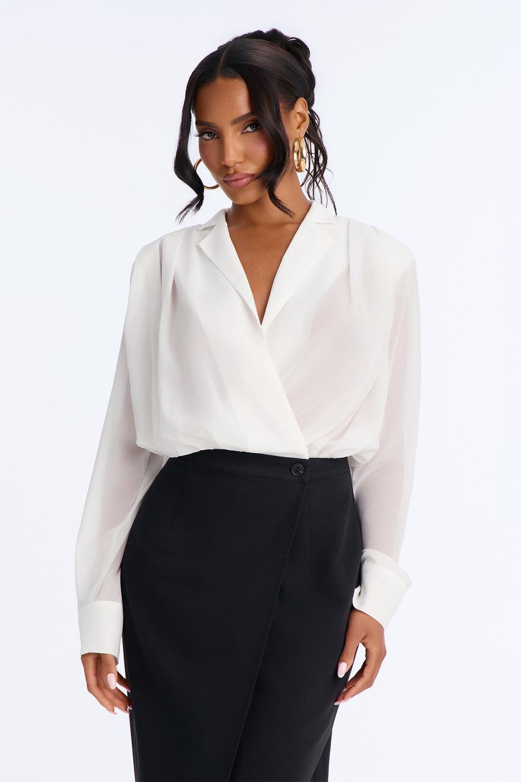 Take Notes Long Sleeve Midi Dress - White/Black