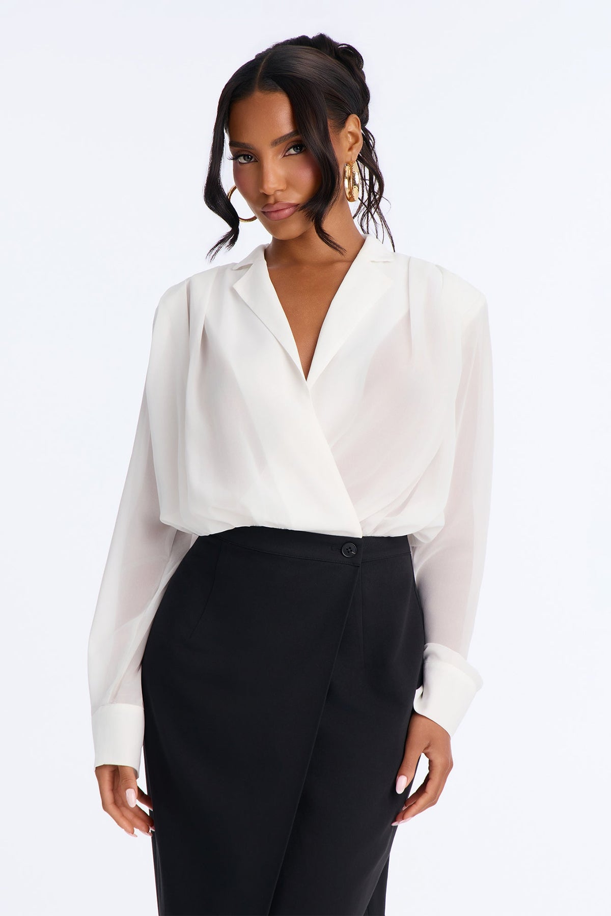 Take Notes Long Sleeve Midi Dress - White/Black