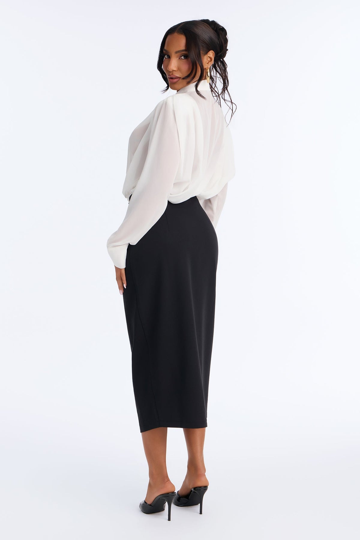 Take Notes Long Sleeve Midi Dress - White/Black