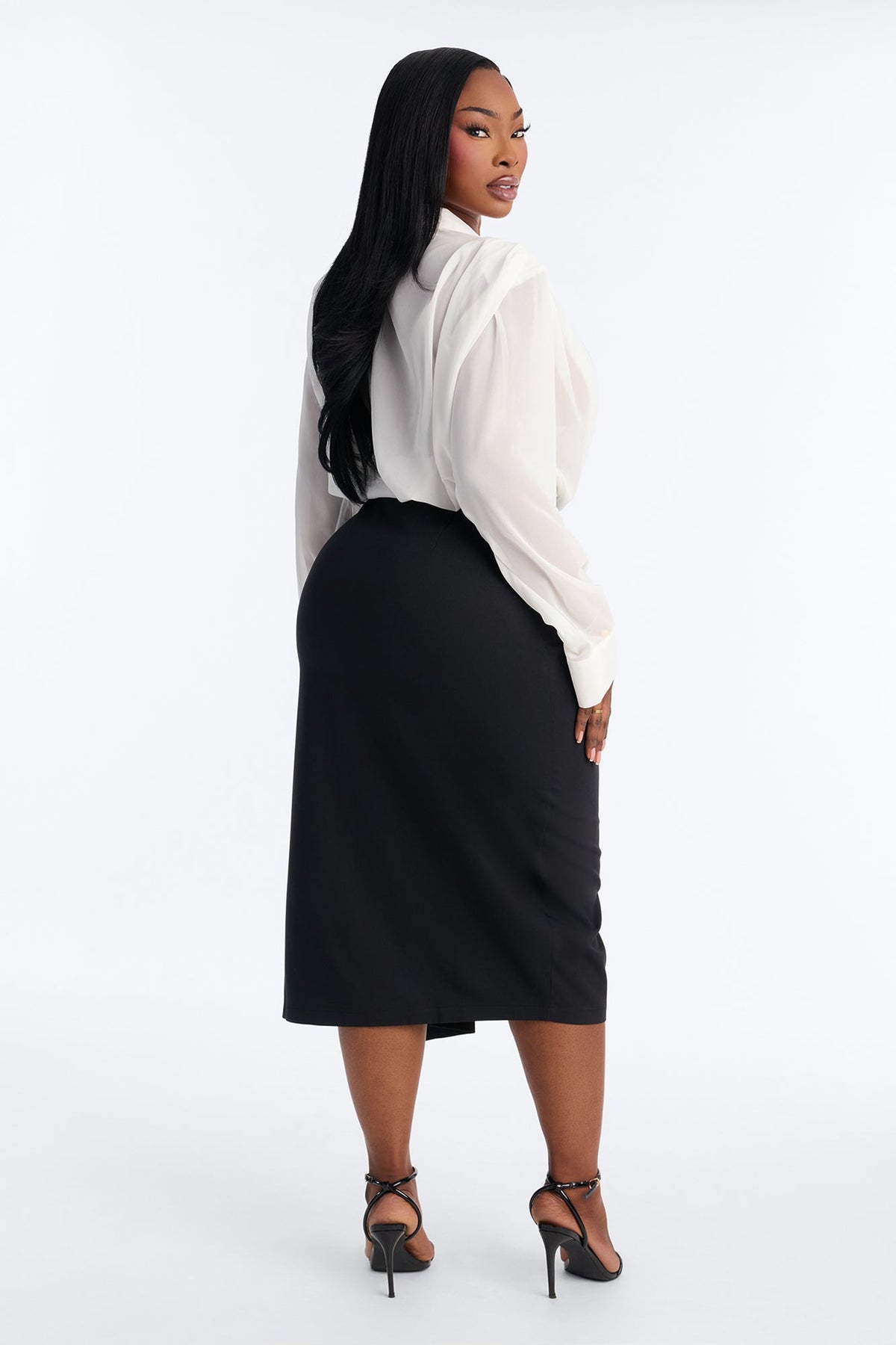 Take Notes Long Sleeve Midi Dress - White/Black