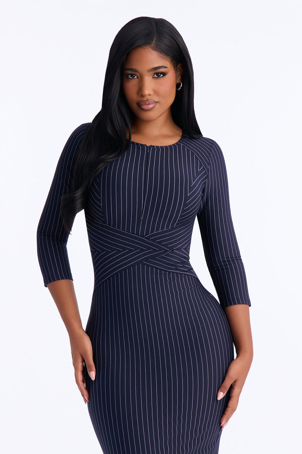 Charise Pinstripe Zipper Front Midi Dress - Navy