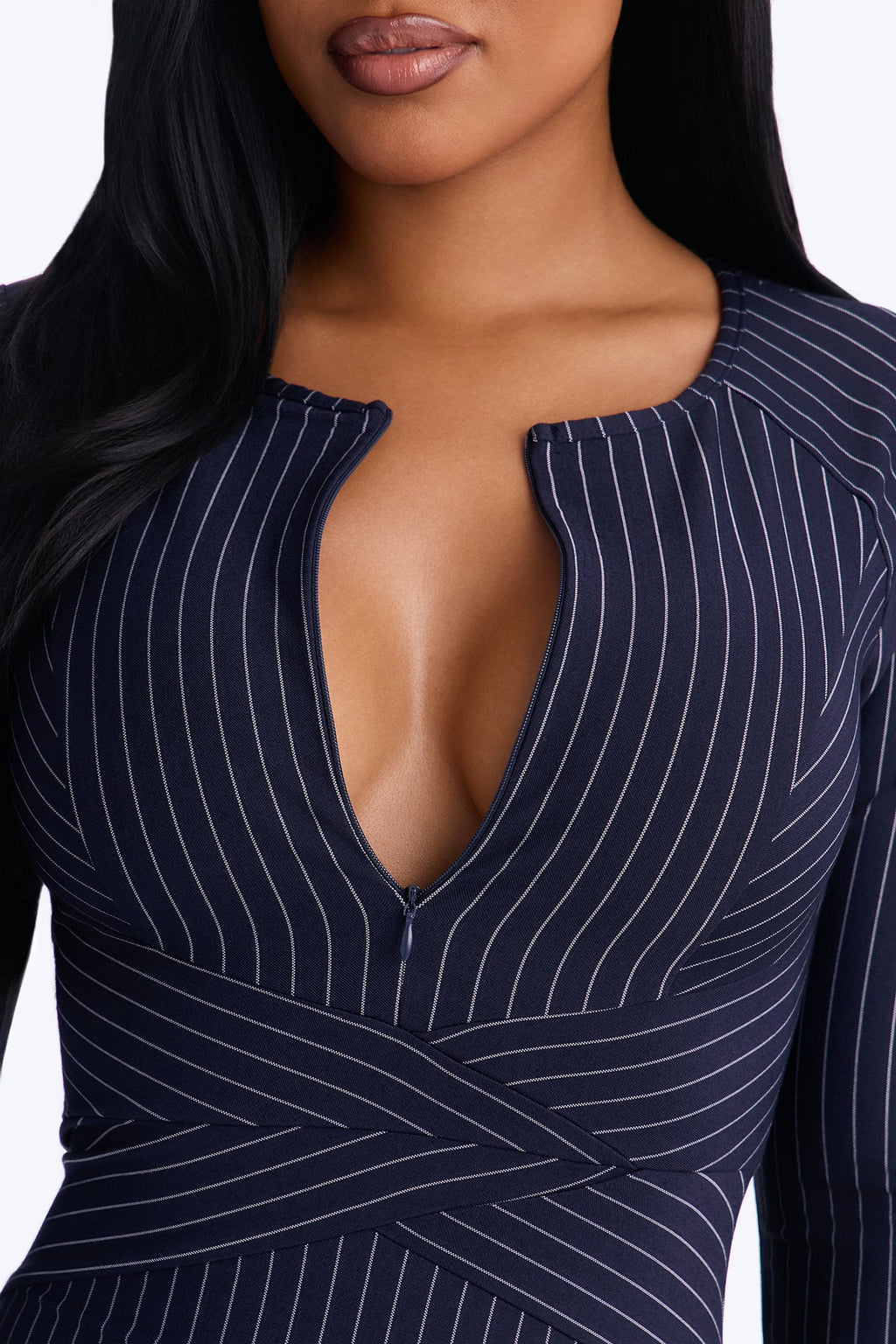 Charise Pinstripe Zipper Front Midi Dress - Navy
