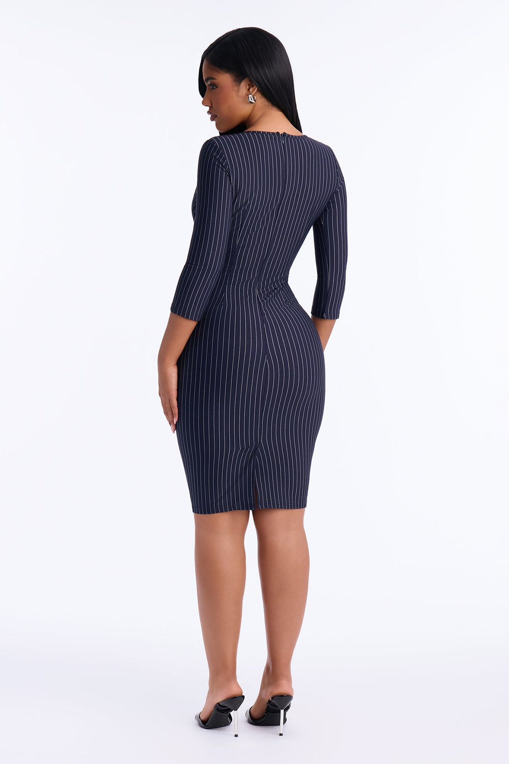 Charise Pinstripe Zipper Front Midi Dress - Navy