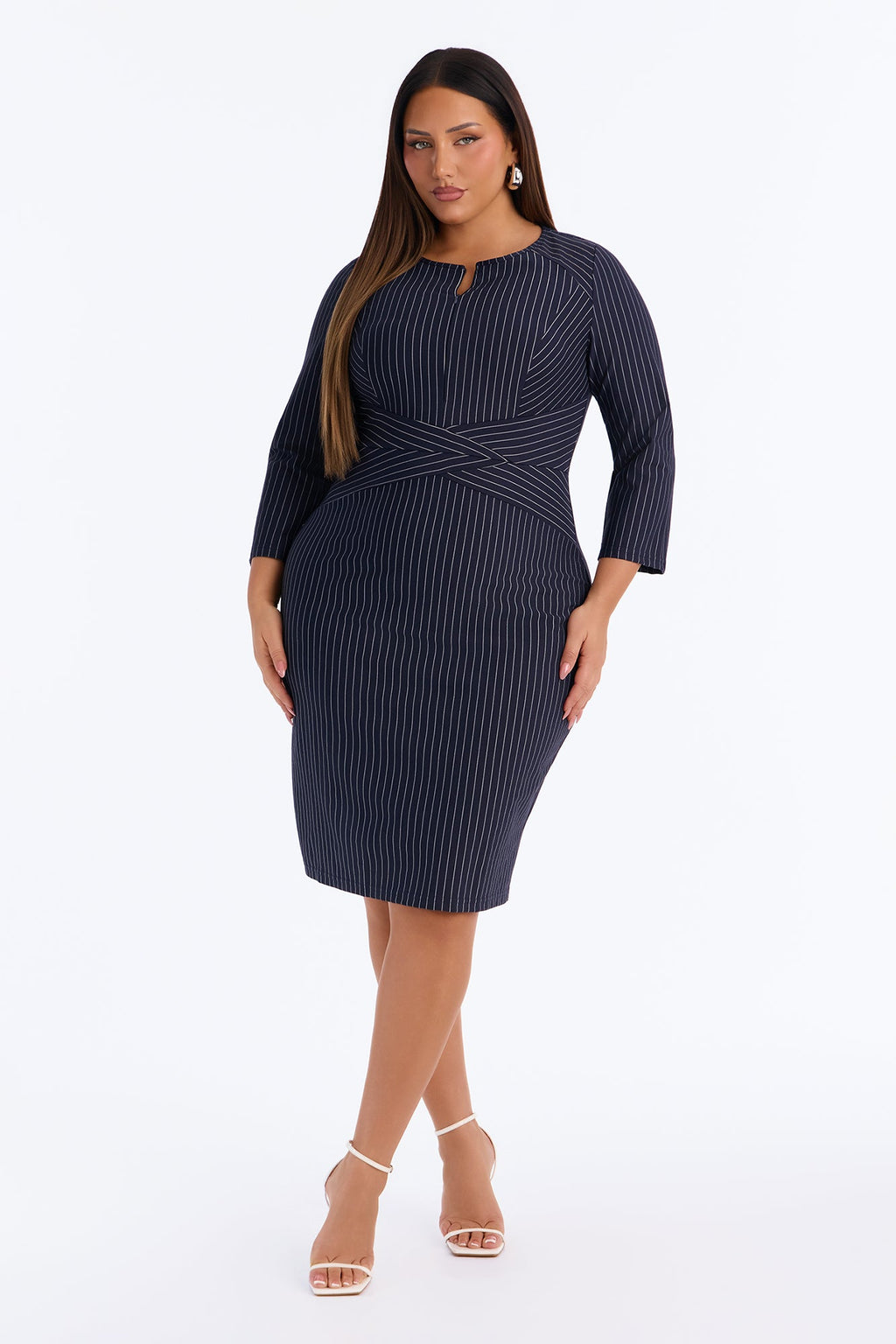 Charise Pinstripe Zipper Front Midi Dress - Navy
