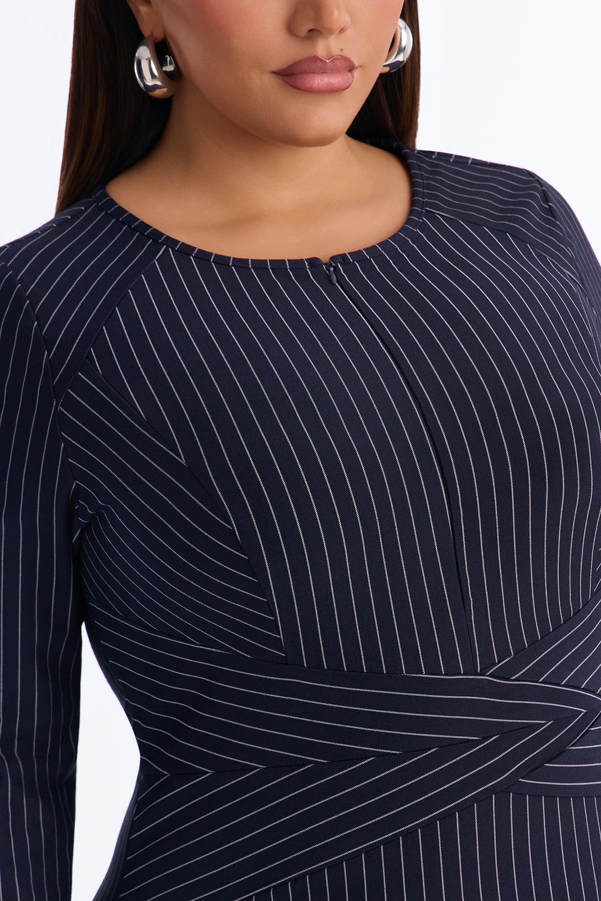 Charise Pinstripe Zipper Front Midi Dress - Navy
