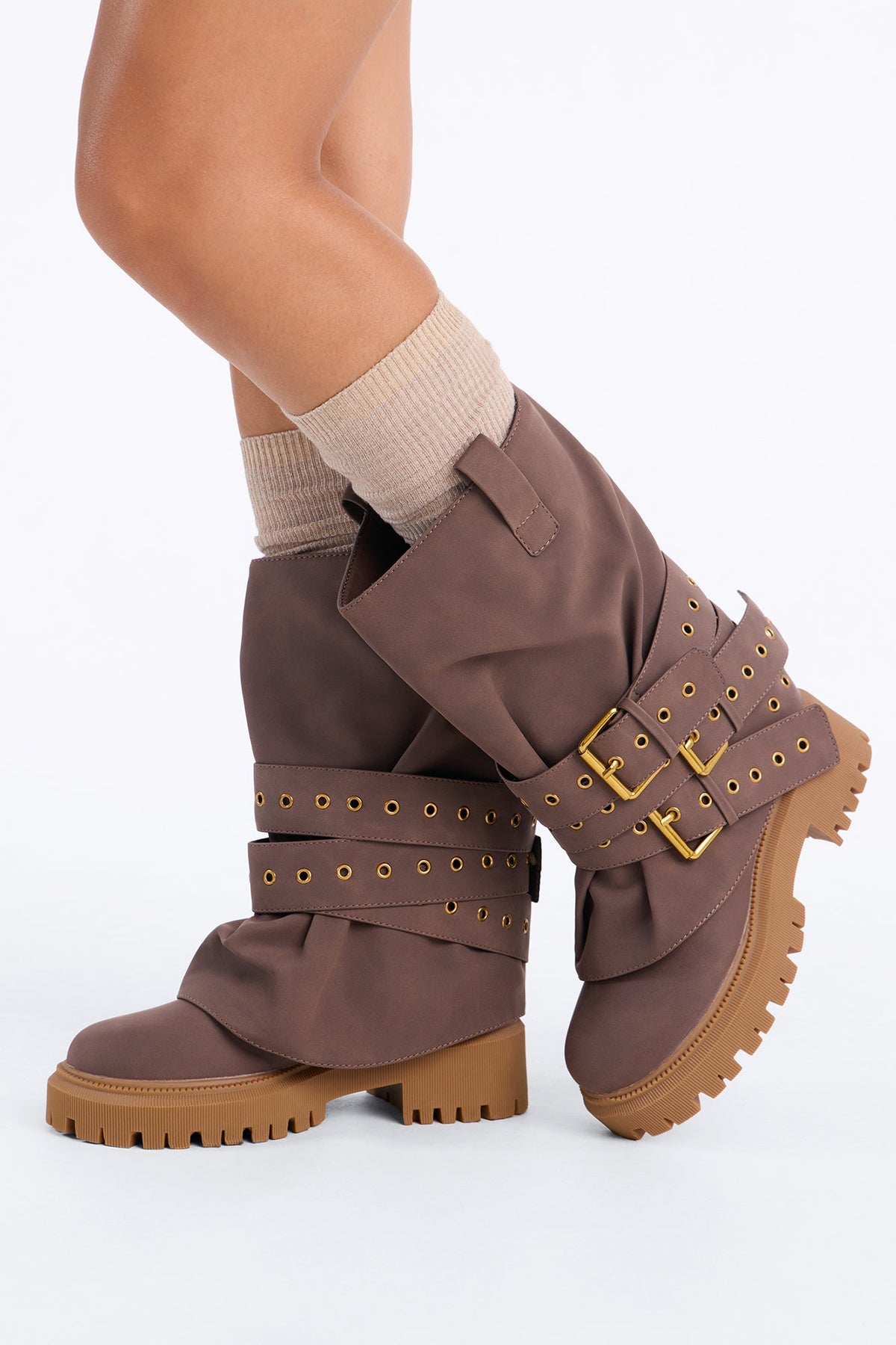 Rave Buckle Overlay Boots - Chocolate