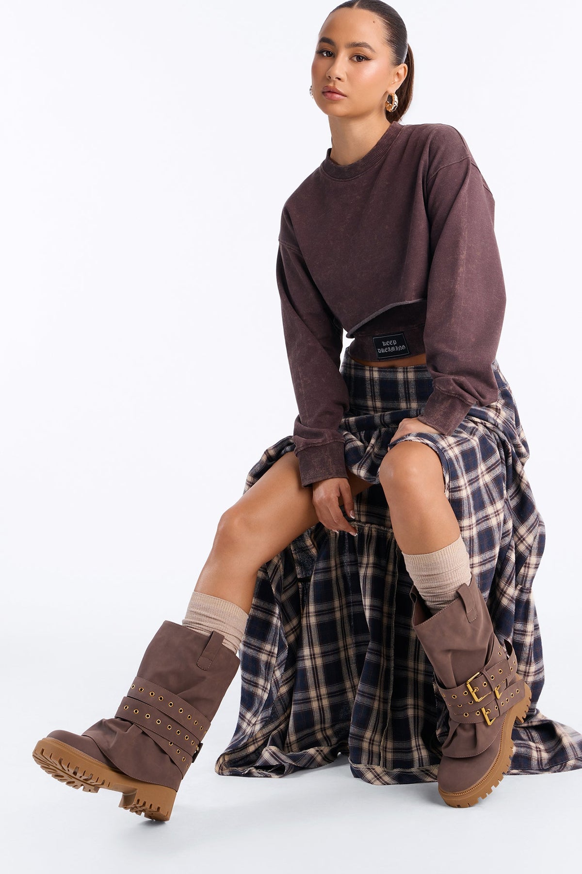 Rave Buckle Overlay Boots - Chocolate