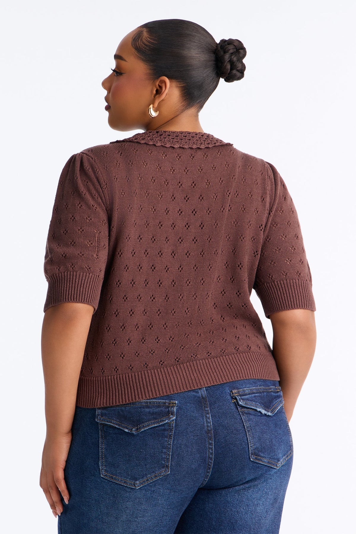 Flirty Pointelle Cardigan Sweater - Chocolate