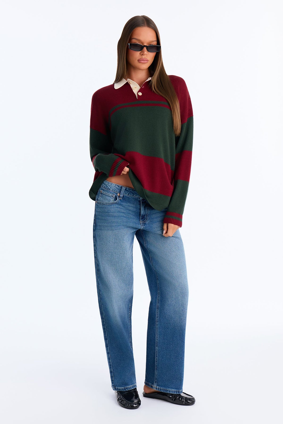 Down The Line Striped Polo Sweater - Burgundy/combo