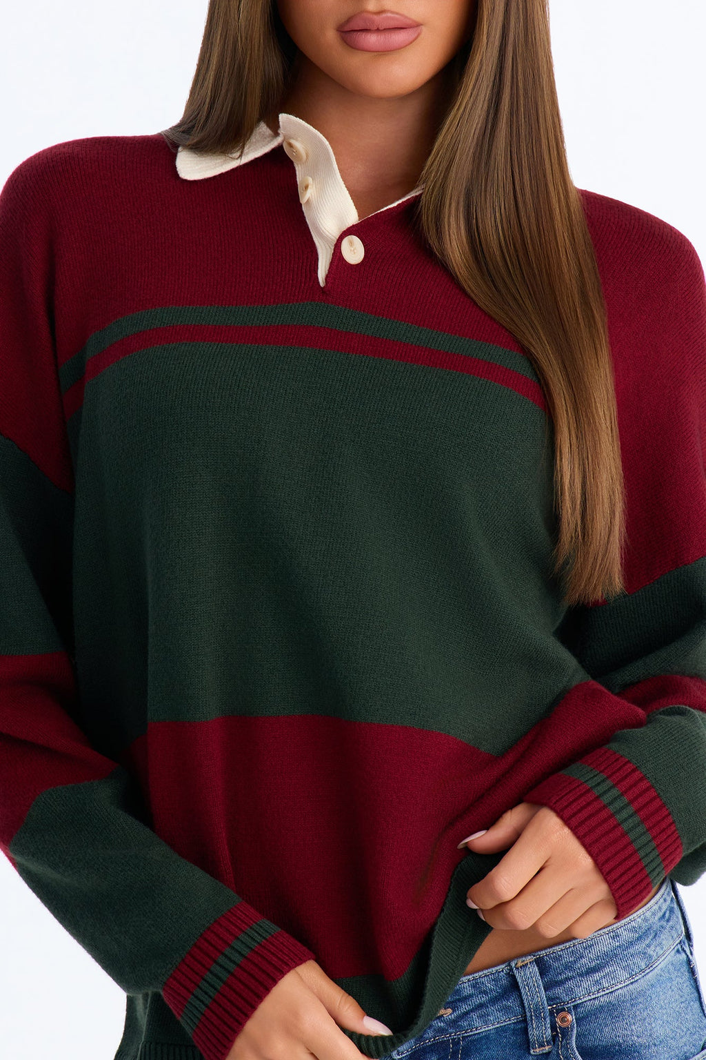 Down The Line Striped Polo Sweater - Burgundy/combo