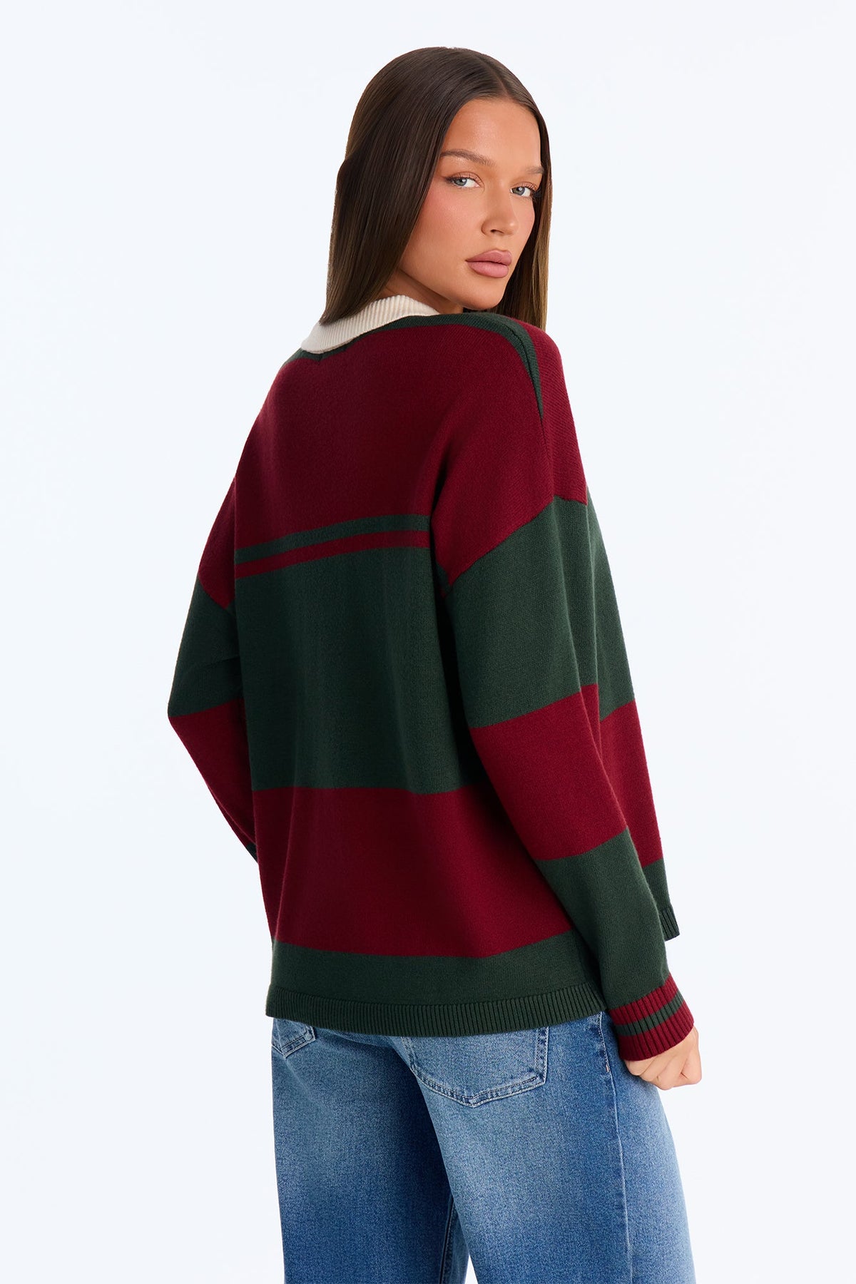 Down The Line Striped Polo Sweater - Burgundy/combo