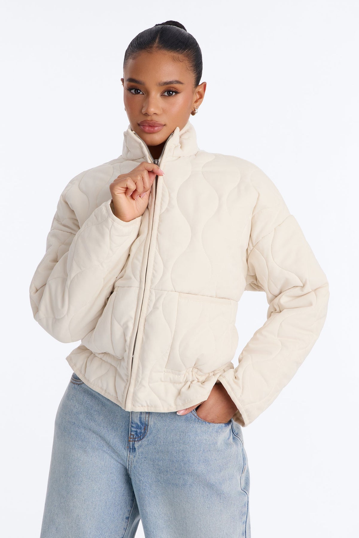 Basically Essential Zip Up Puffer Jacket - Cream