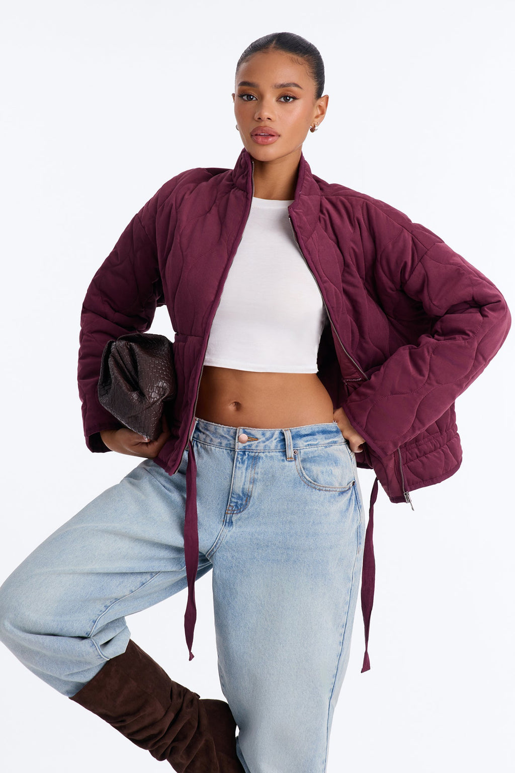 Basically Essential Zip Up Puffer Jacket - DarkRed