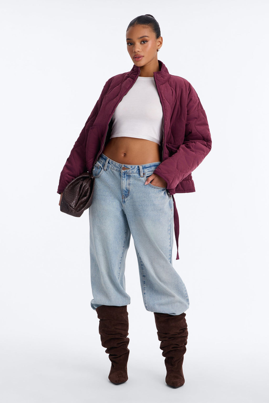 Basically Essential Zip Up Puffer Jacket - DarkRed