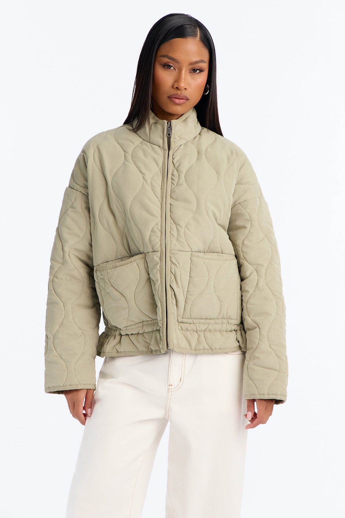 Basically Essential Zip Up Puffer Jacket - Sage