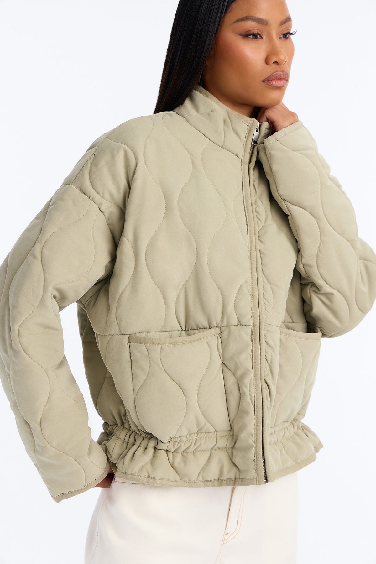 Basically Essential Zip Up Puffer Jacket - Sage