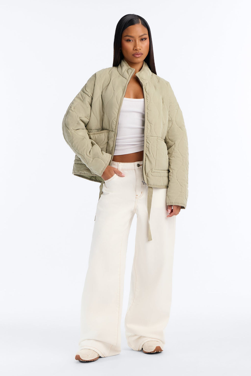 Basically Essential Zip Up Puffer Jacket - Sage