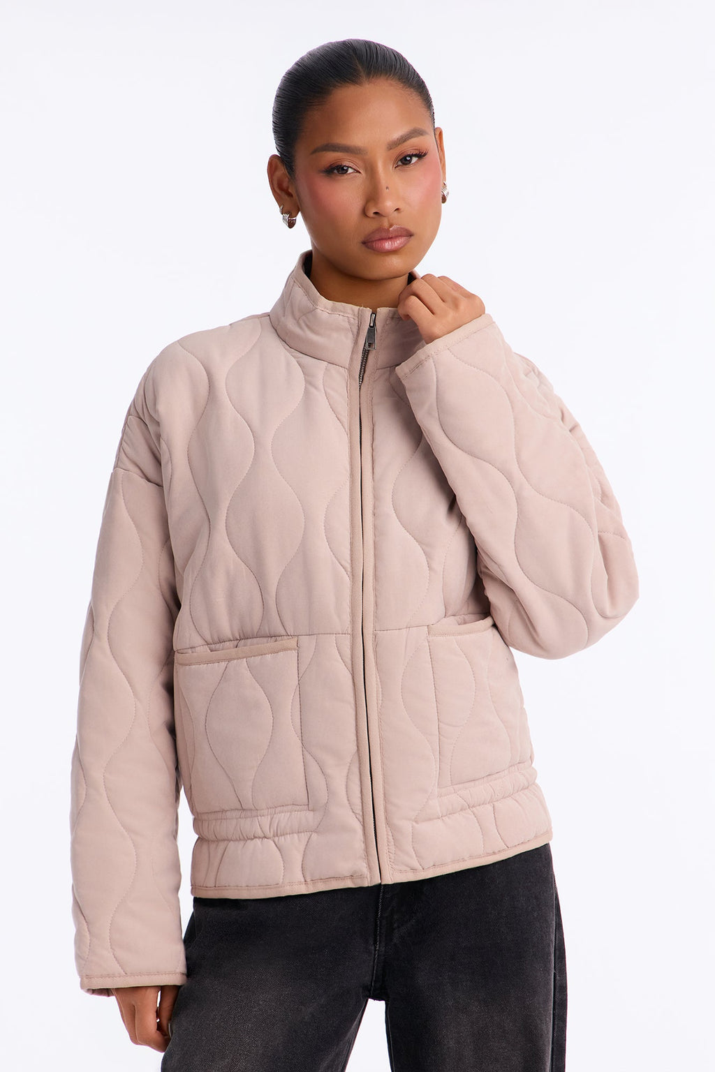 Basically Essential Zip Up Puffer Jacket - Taupe