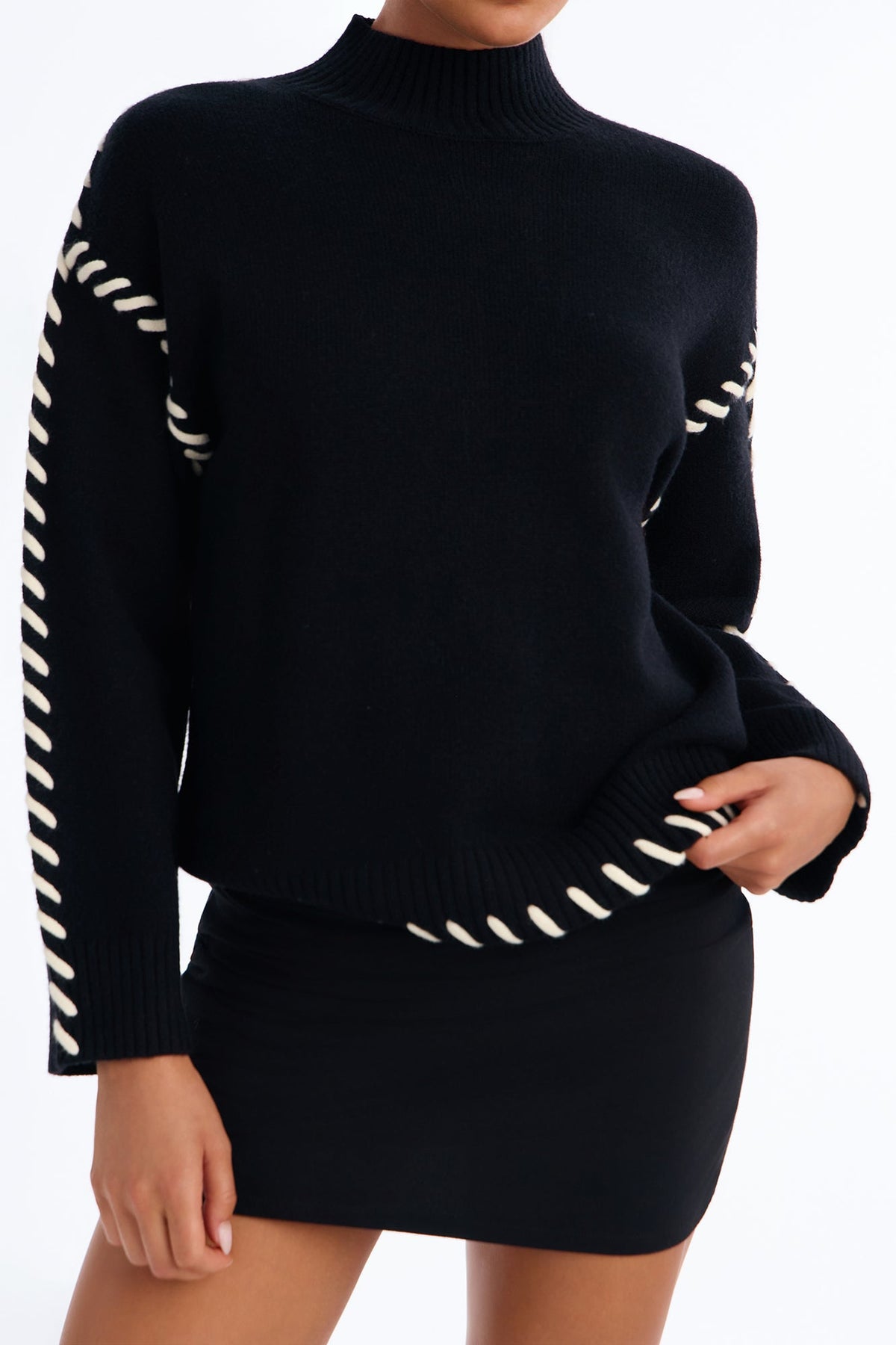 Blissful Contrast Mock Neck Pullover Sweater - Black/White