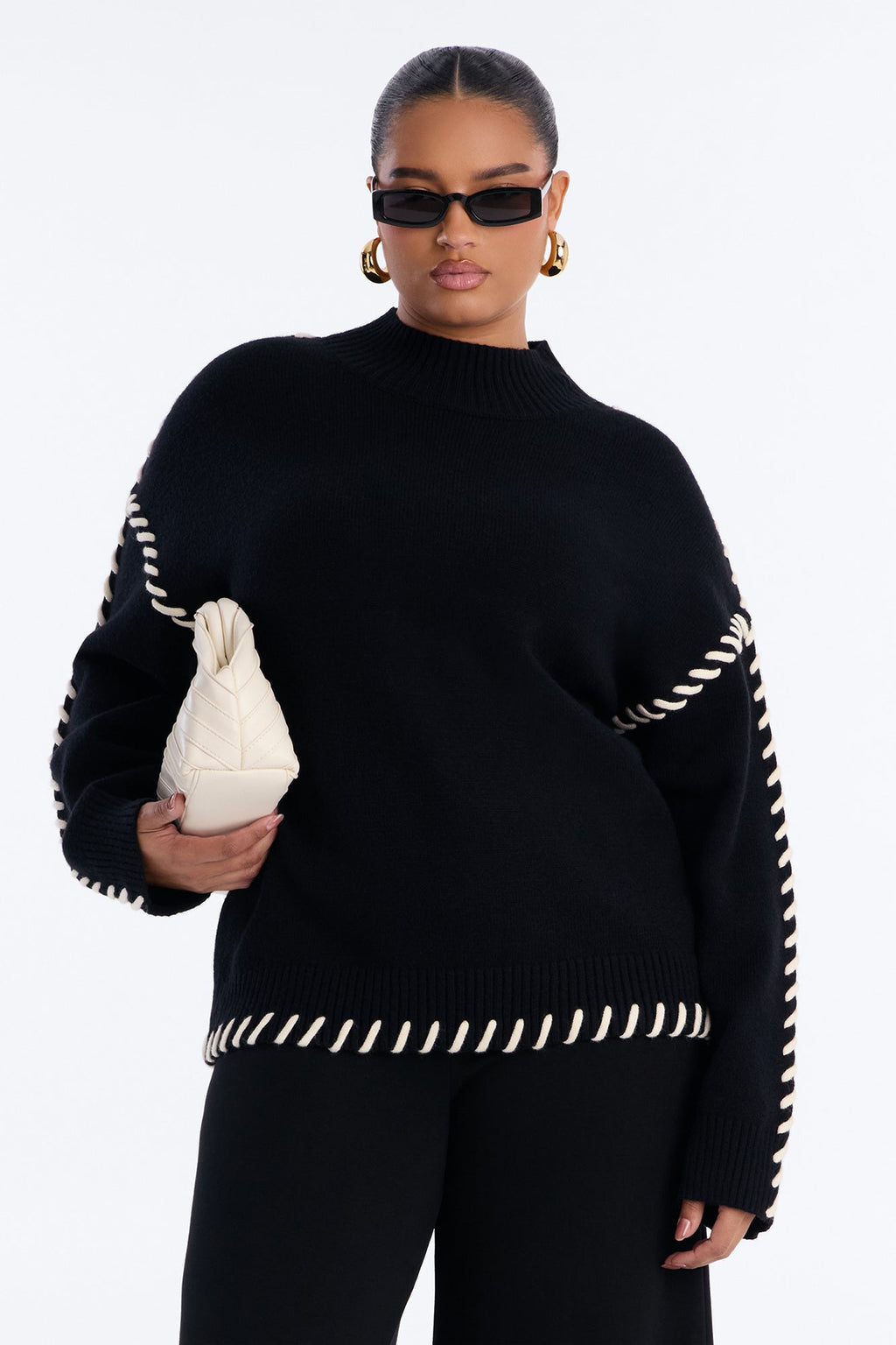 Blissful Contrast Mock Neck Pullover Sweater - Black/White