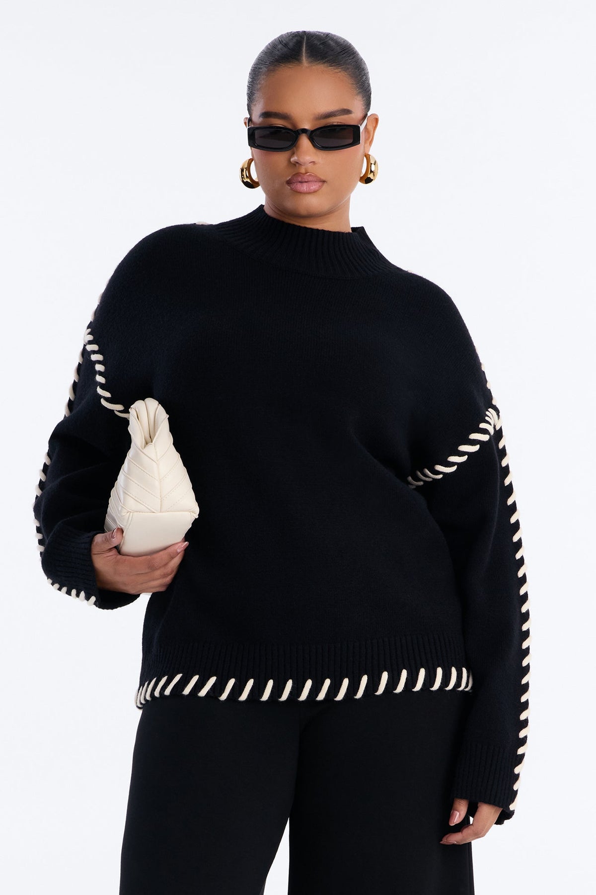 Blissful Contrast Mock Neck Pullover Sweater - Black/White