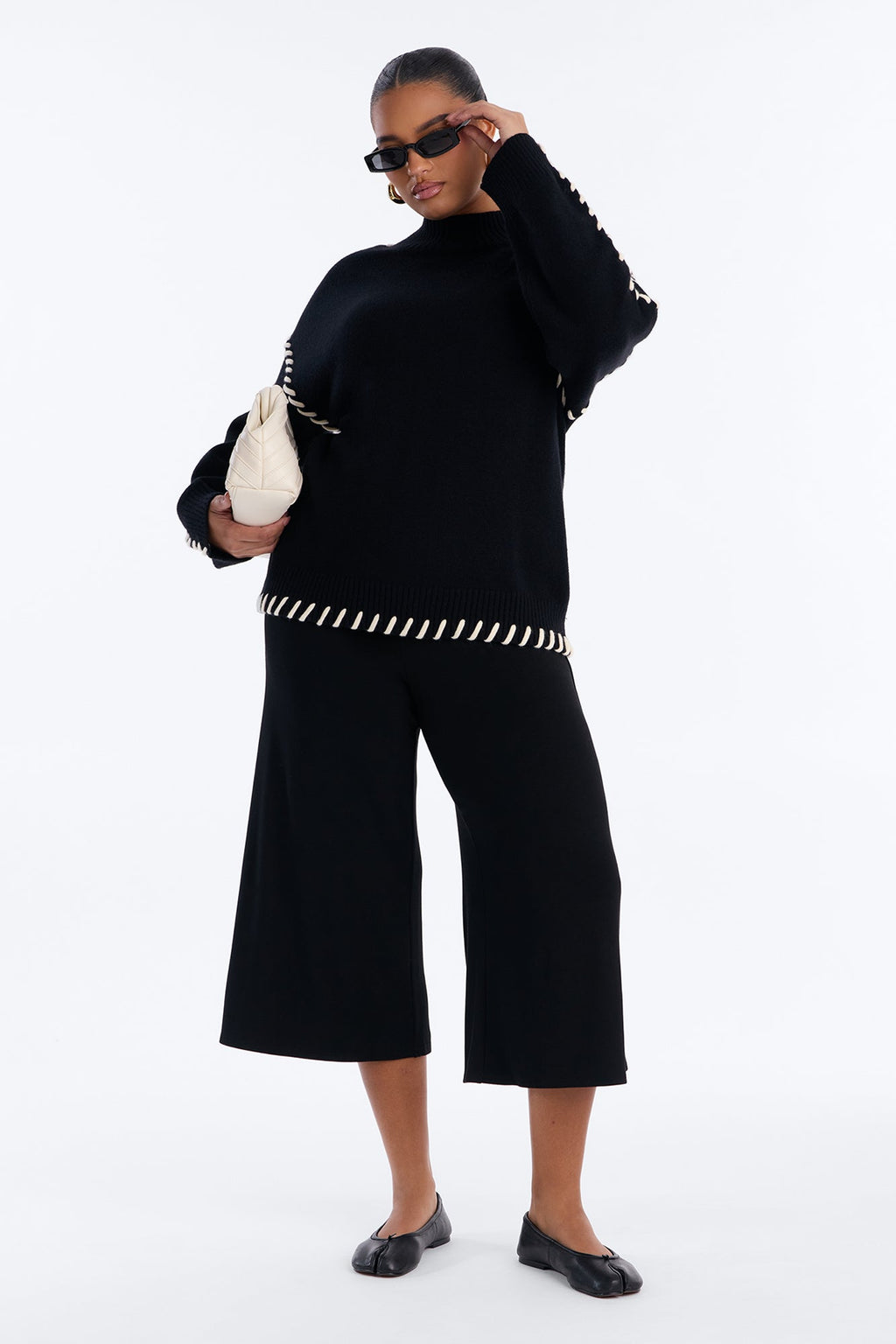Blissful Contrast Mock Neck Pullover Sweater - Black/White