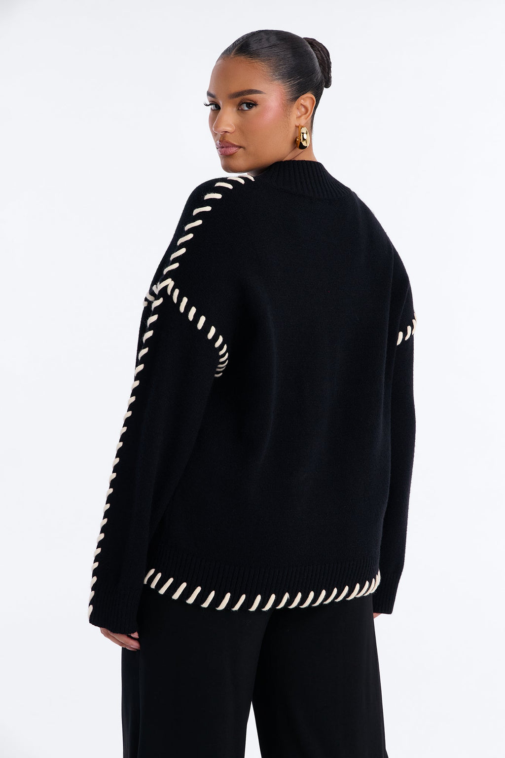 Blissful Contrast Mock Neck Pullover Sweater - Black/White