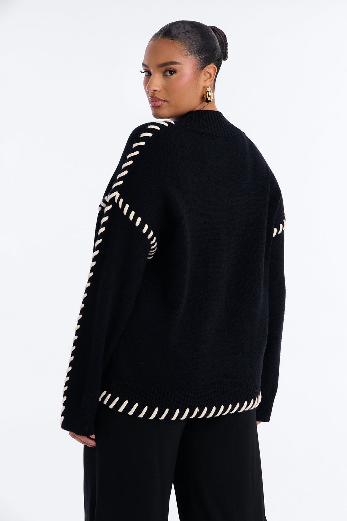Blissful Contrast Mock Neck Pullover Sweater - Black/White
