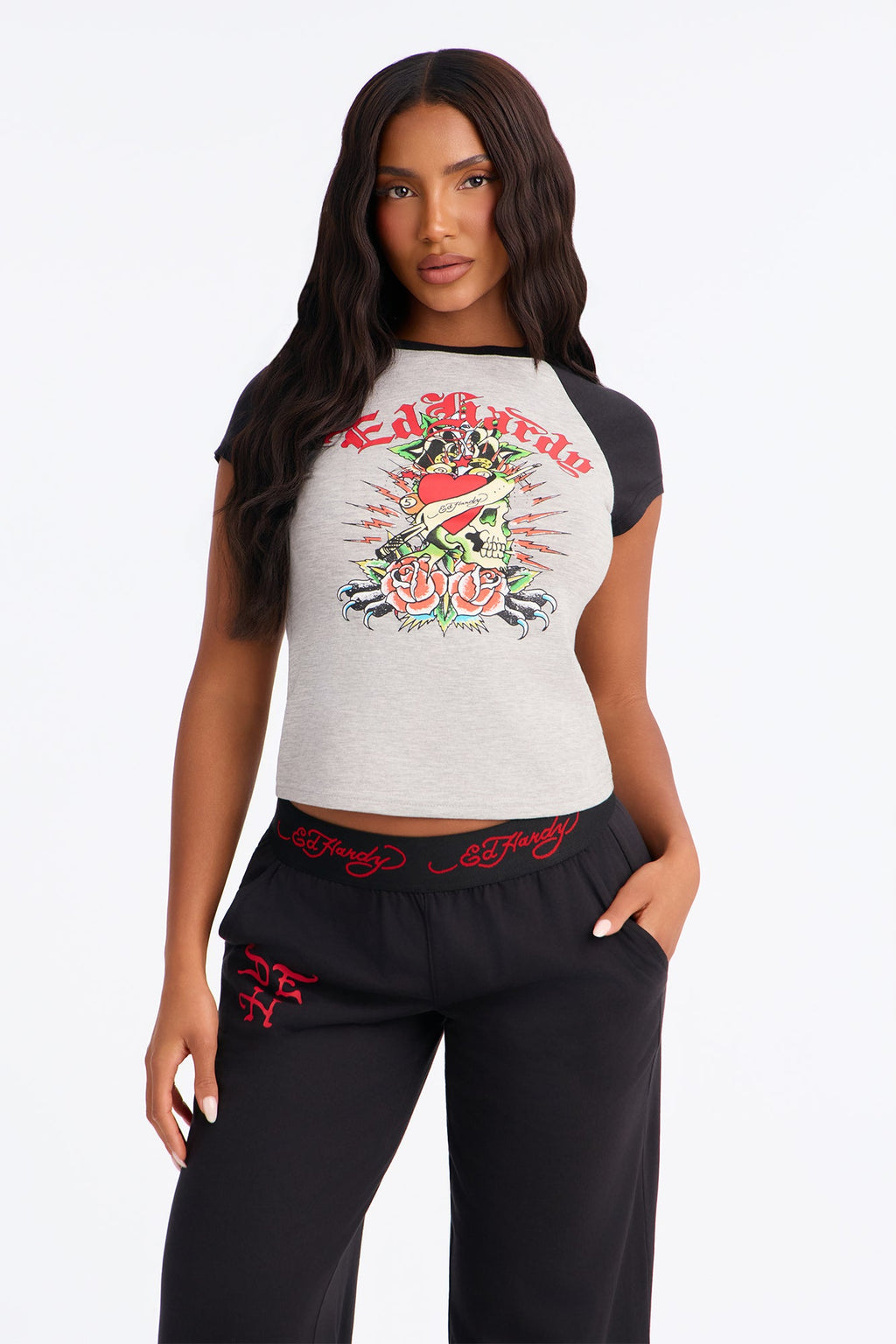 Ed Hardy Floral Sacred Heart PJ Pant Set - Grey