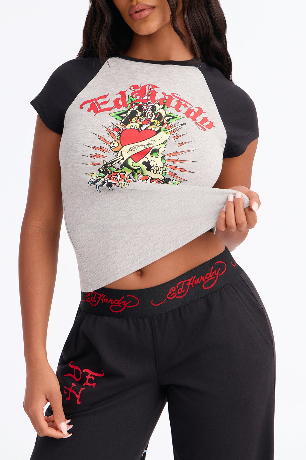 Ed Hardy Floral Sacred Heart PJ Pant Set - Grey