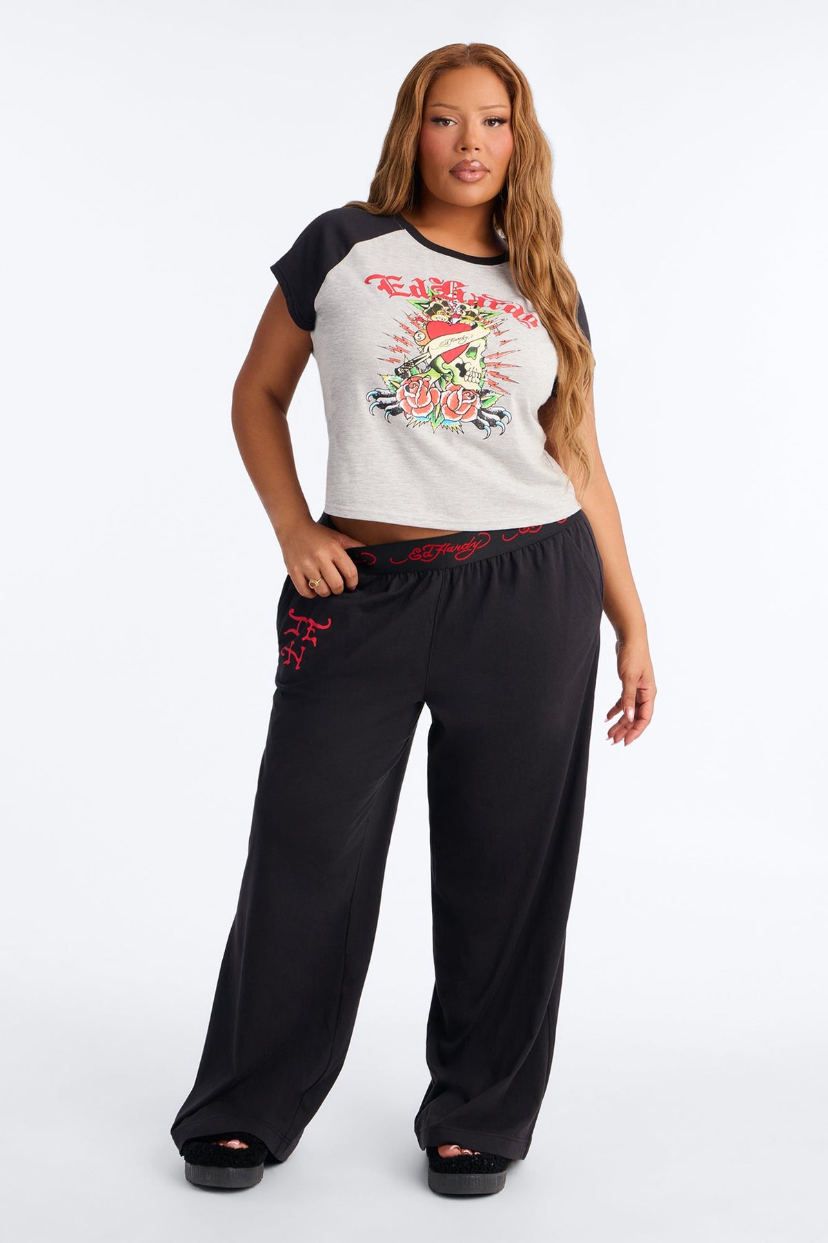 Ed Hardy Floral Sacred Heart PJ Pant Set - Grey