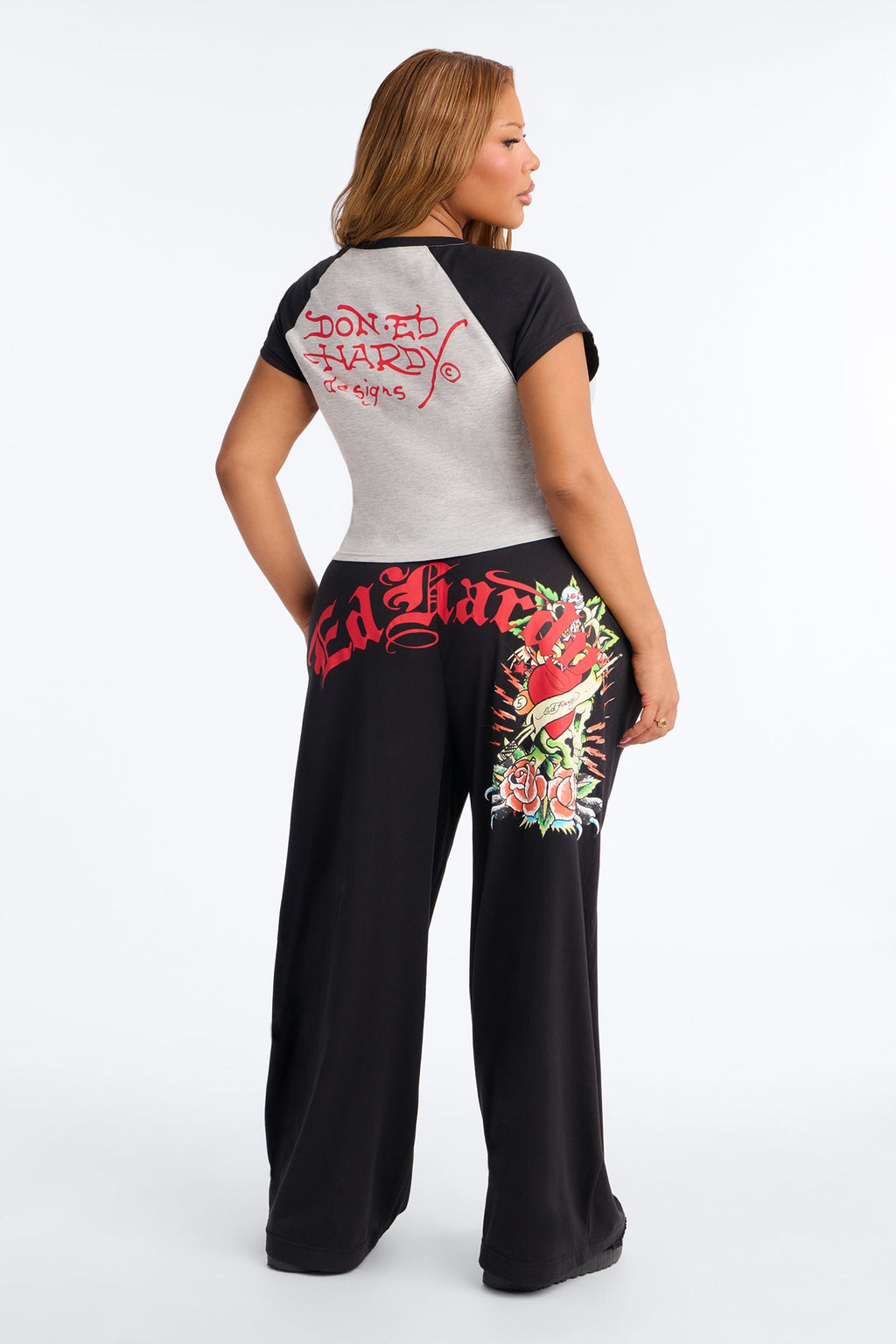 Ed Hardy Floral Sacred Heart PJ Pant Set - Grey