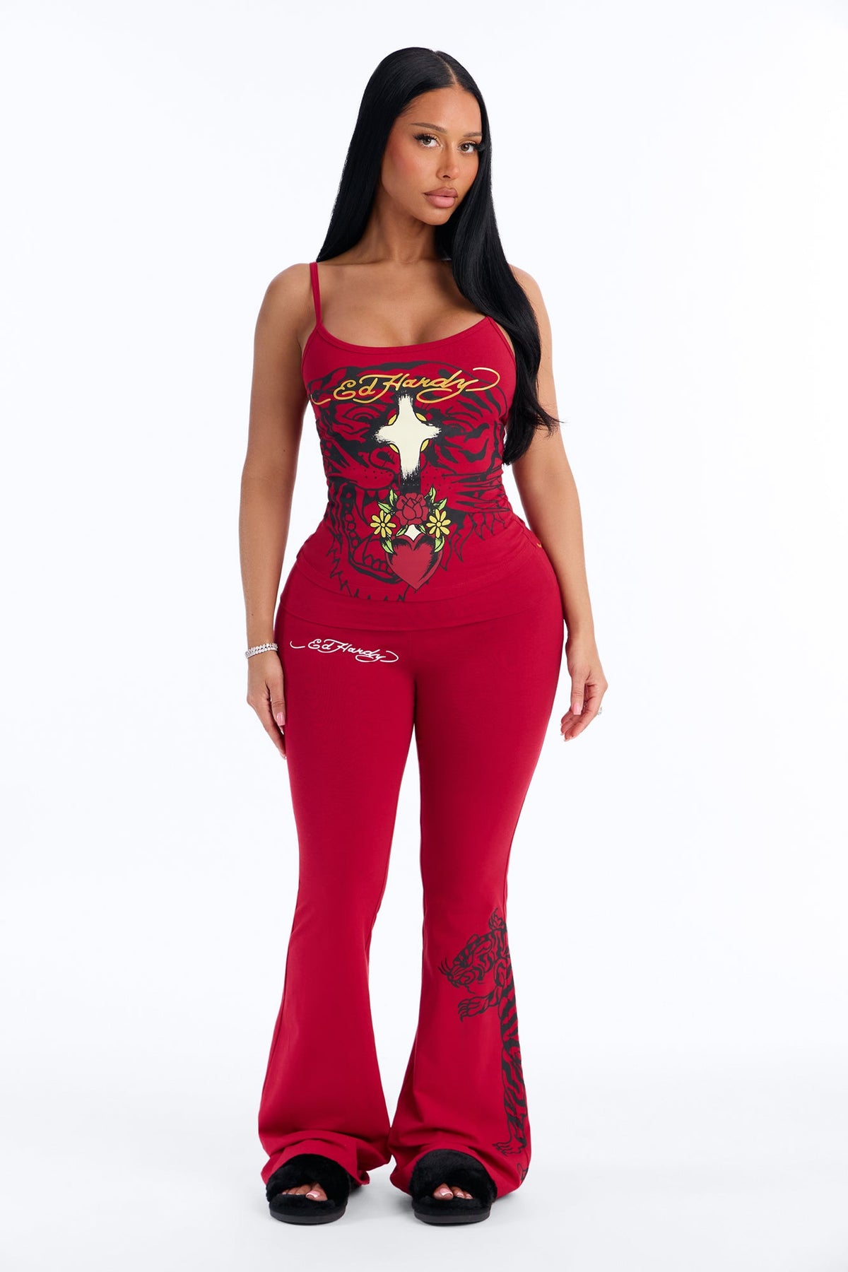 Ed Hardy Tiger Cross Heart Foldover Waistband PJ Pant Ser - Red