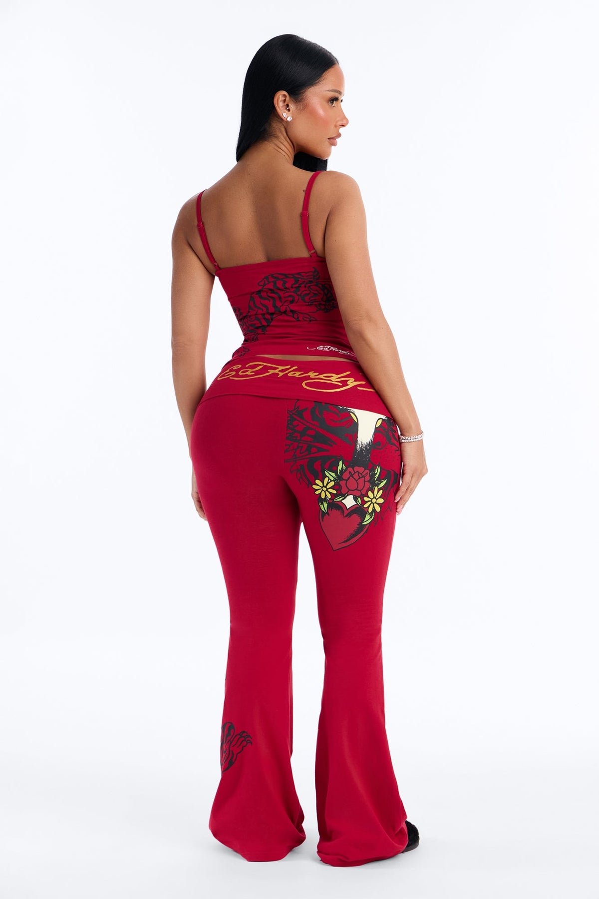 Ed Hardy Tiger Cross Heart Foldover Waistband PJ Pant Ser - Red