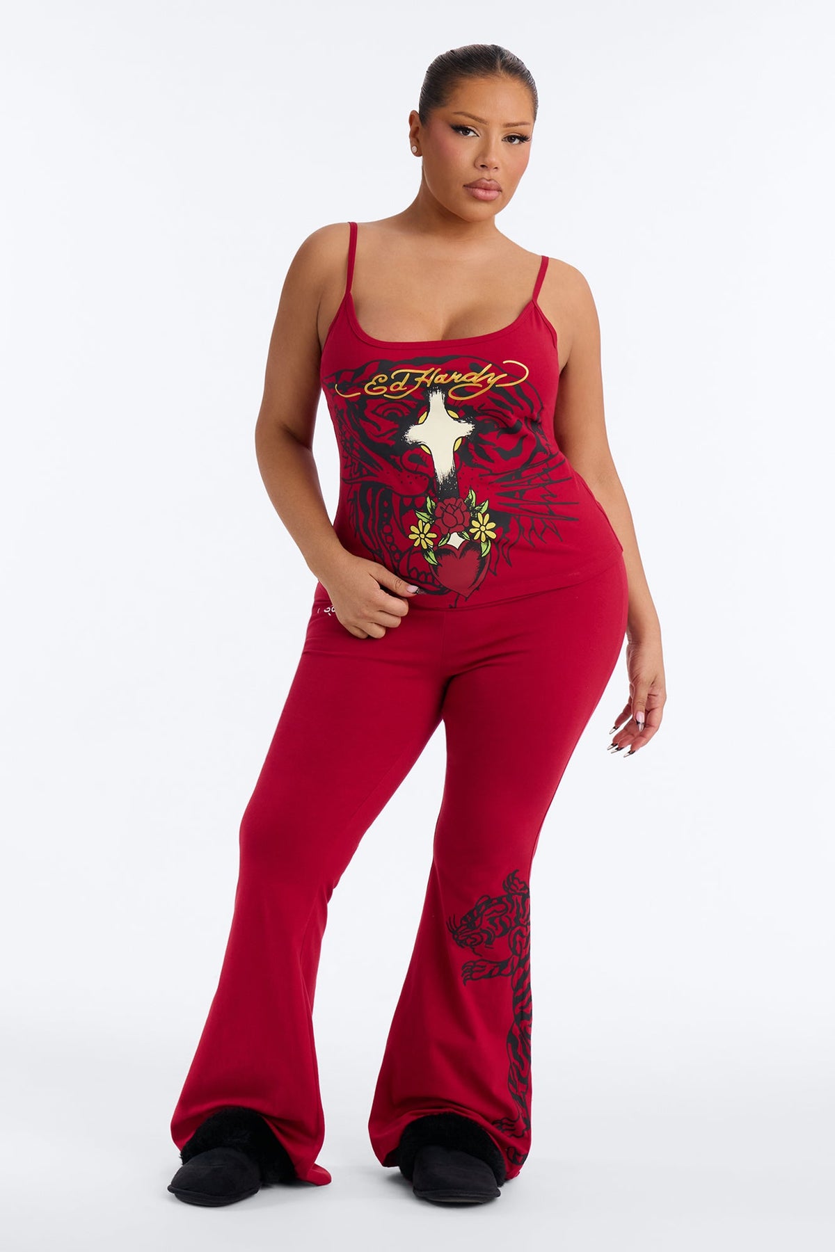Ed Hardy Tiger Cross Heart Foldover Waistband PJ Pant Ser - Red