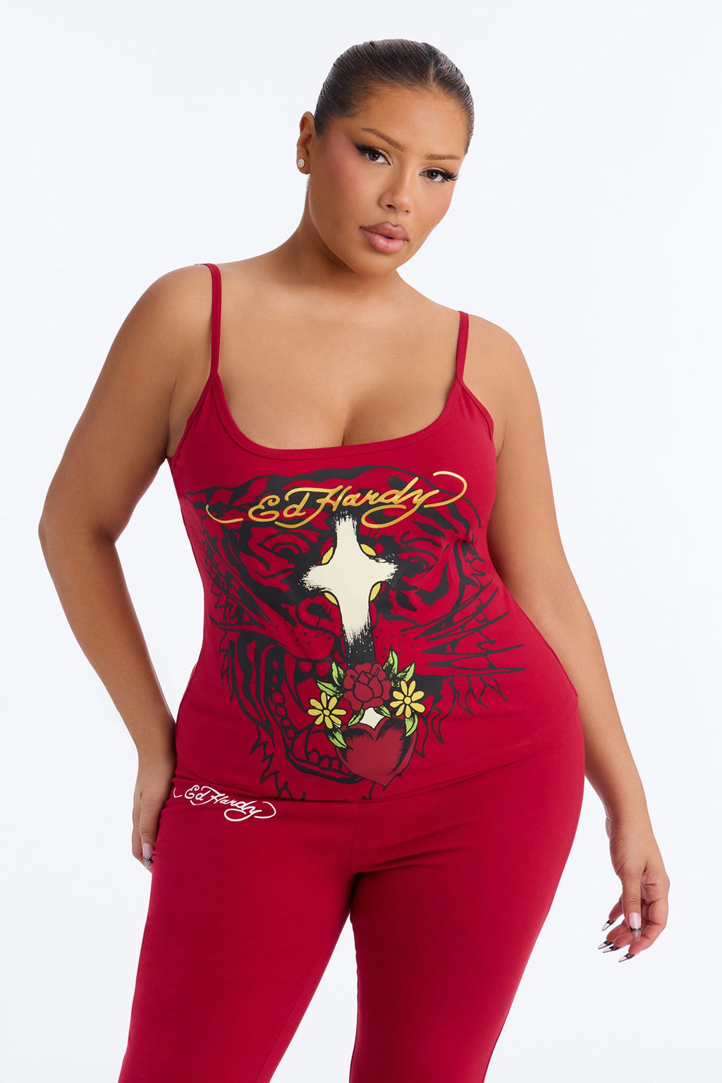 Ed Hardy Tiger Cross Heart Foldover Waistband PJ Pant Ser - Red