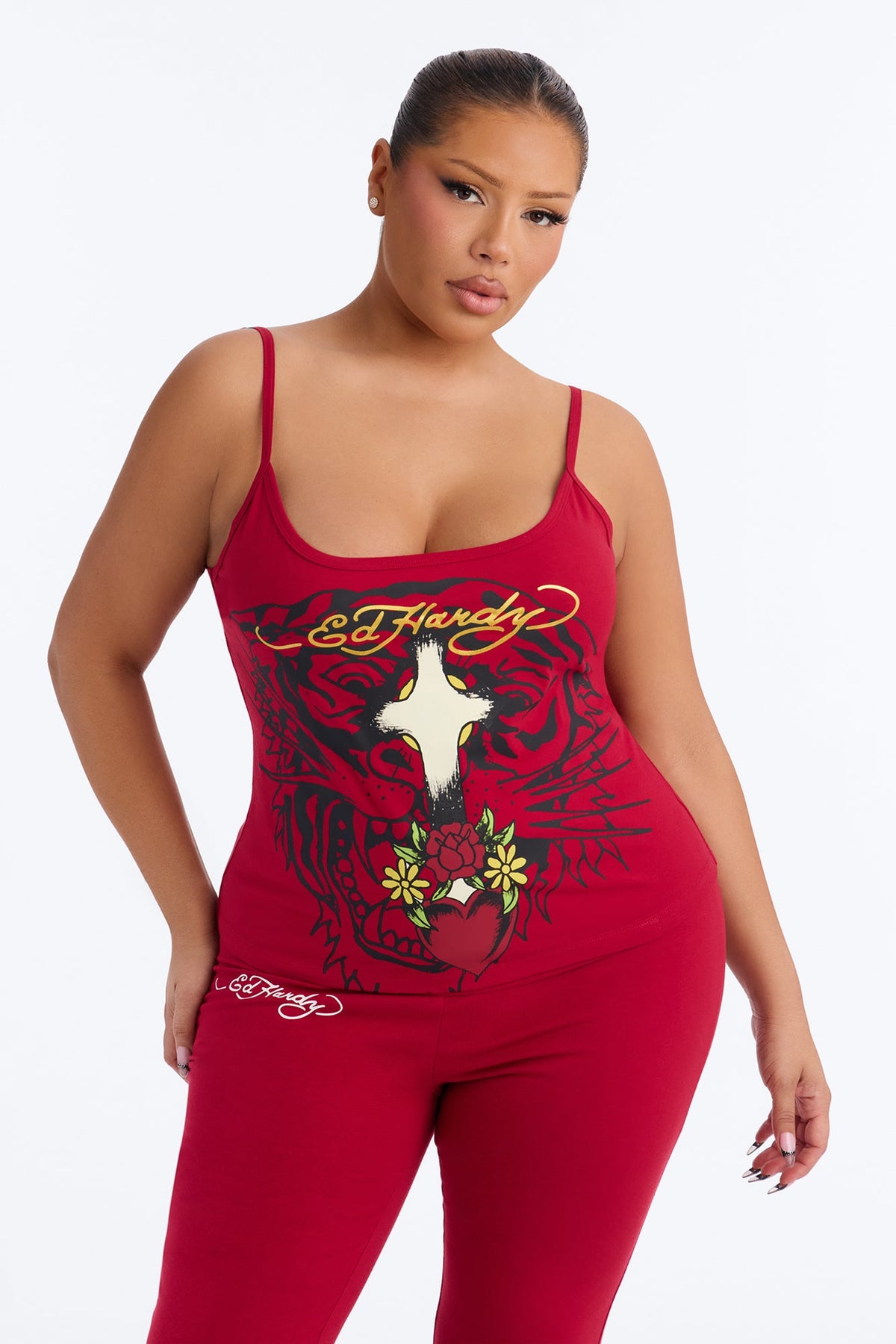Ed Hardy Tiger Cross Heart Foldover Waistband PJ Pant Ser - Red