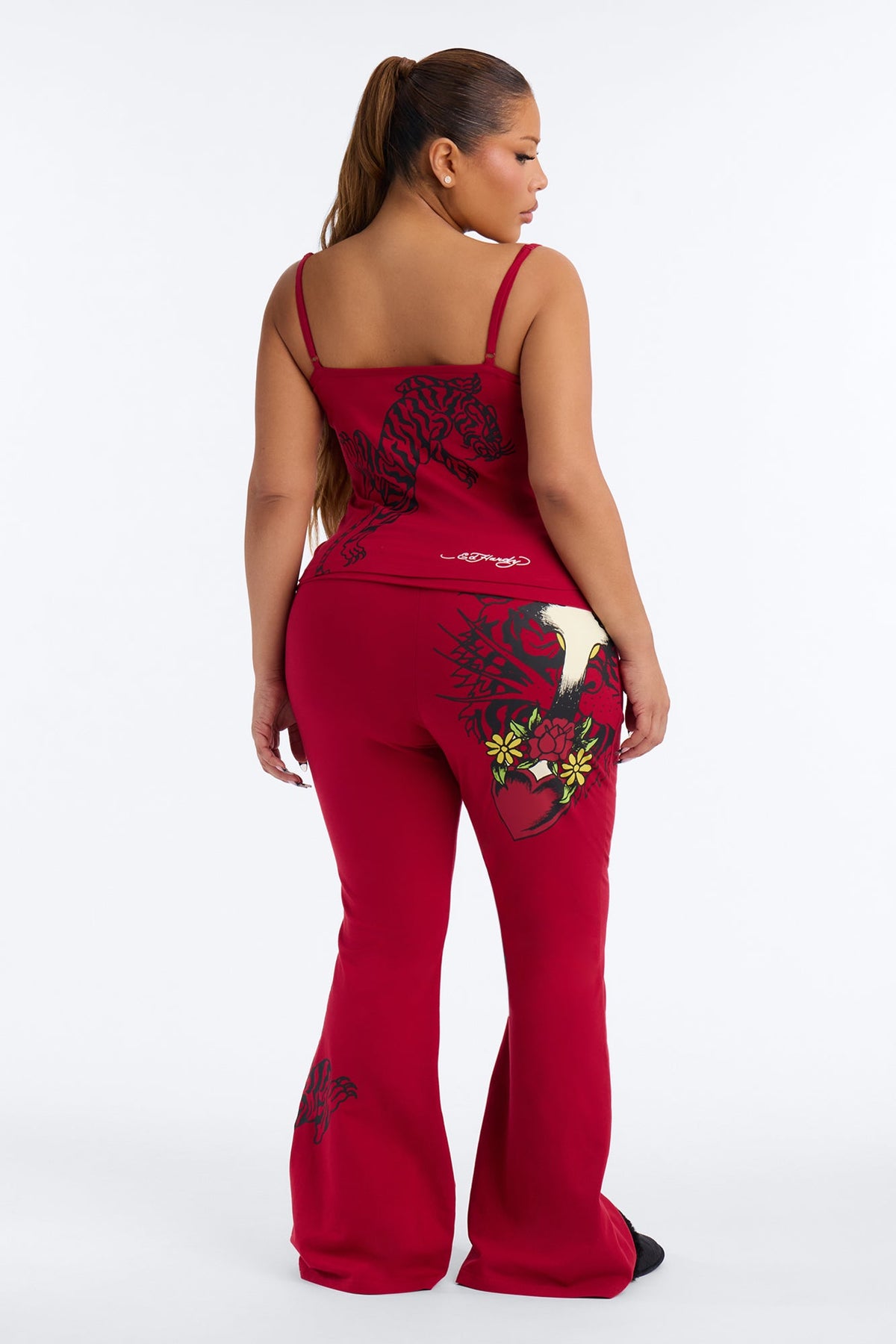 Ed Hardy Tiger Cross Heart Foldover Waistband PJ Pant Ser - Red