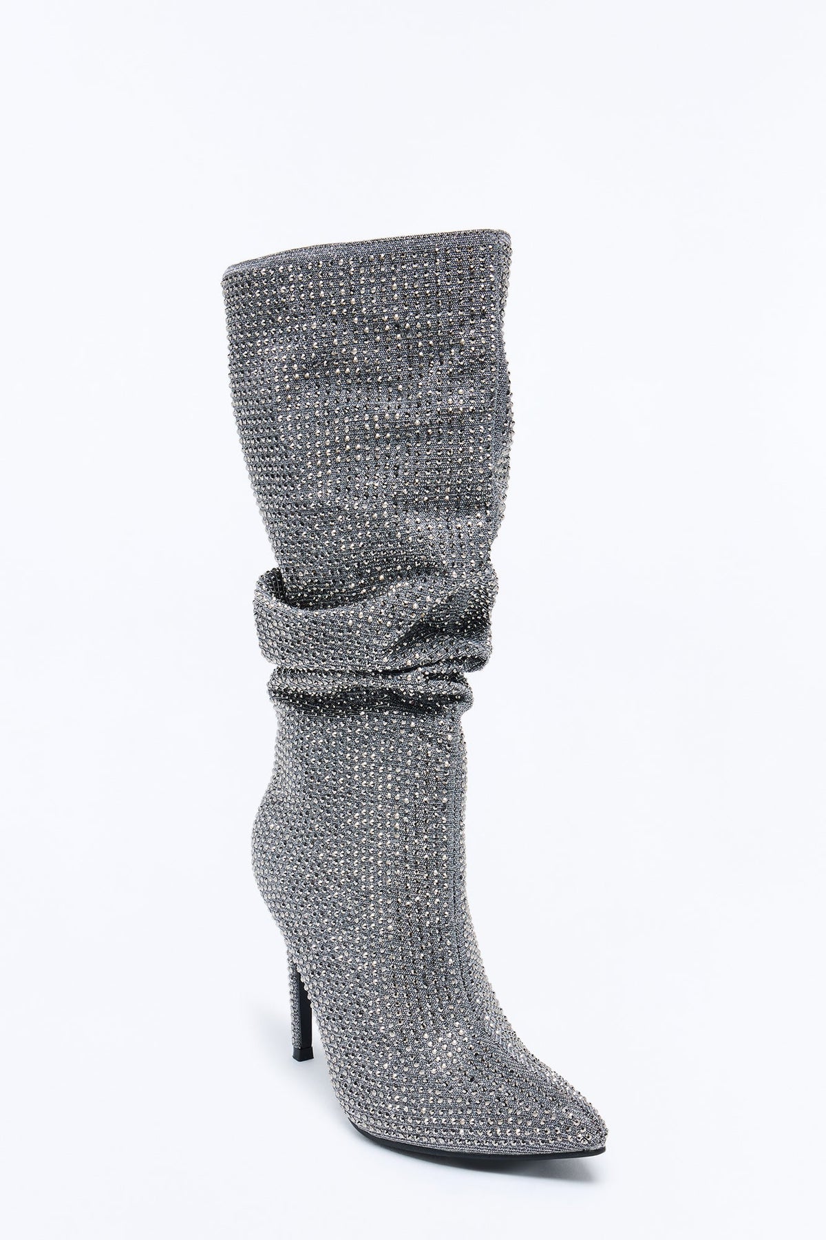 Hello Gorgeous Rhinestone Heeled Boots - Gunmetal