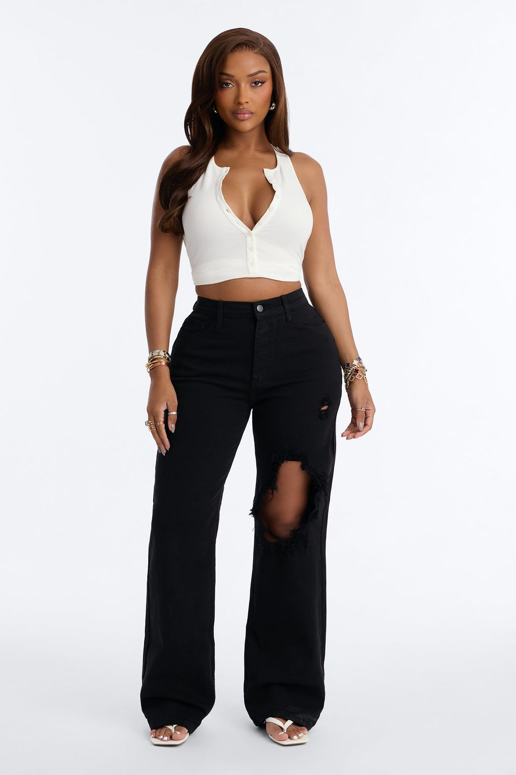 100% Certified High Rise Ripped Wide Leg Jeans - Black