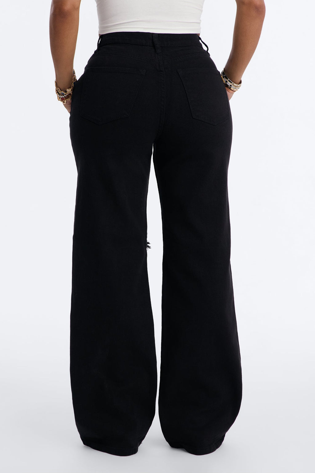 100% Certified High Rise Ripped Wide Leg Jeans - Black