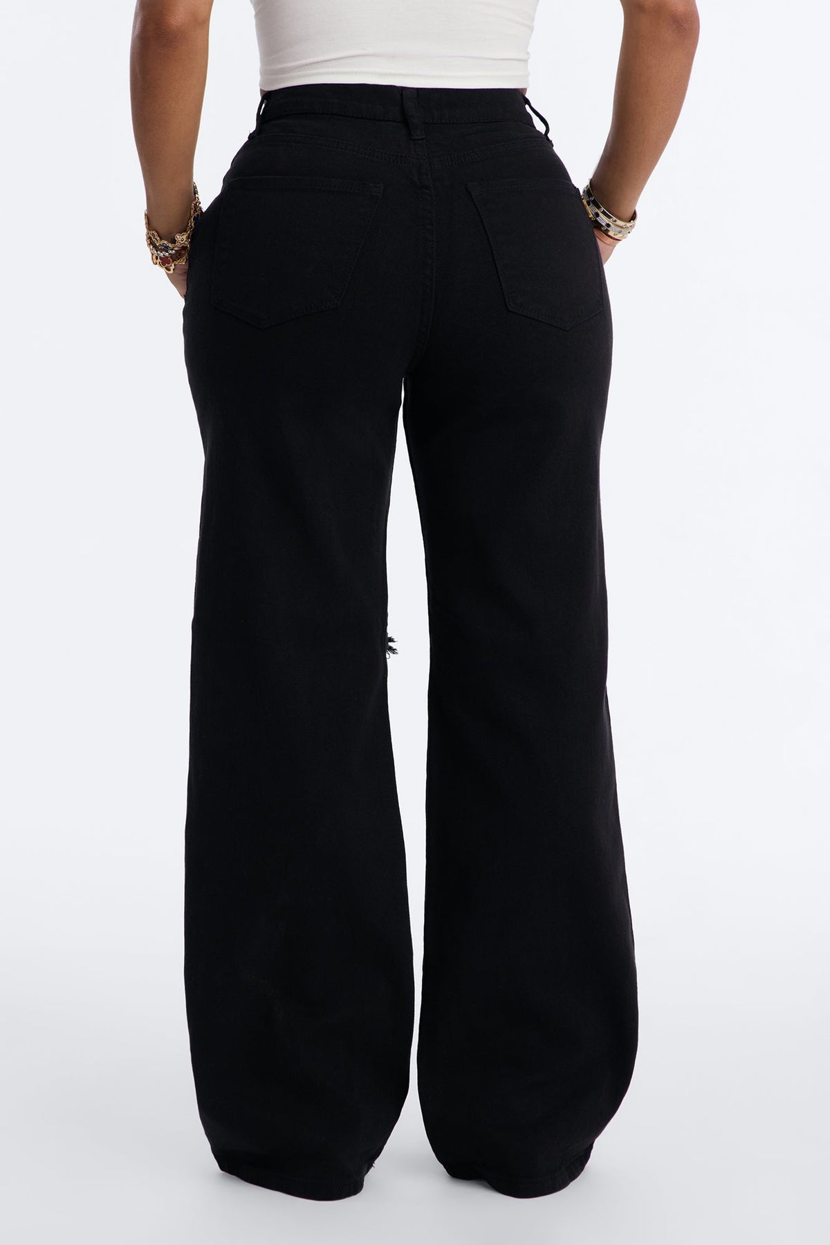 100% Certified High Rise Ripped Wide Leg Jeans - Black