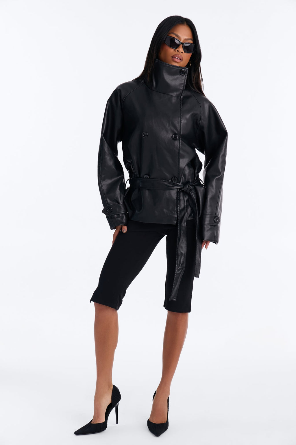 Let It Rain Faux Leather Short Trench - Black