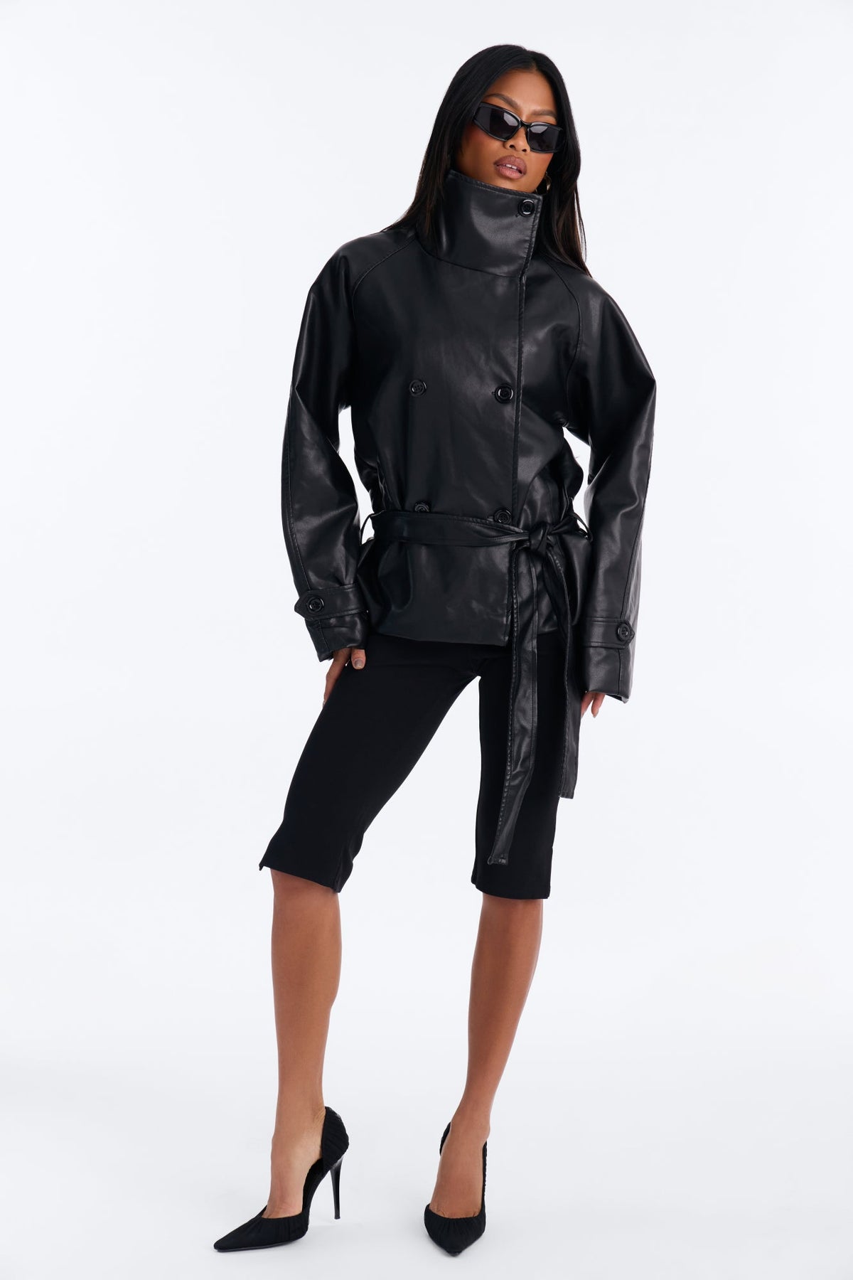 Let It Rain Faux Leather Short Trench - Black