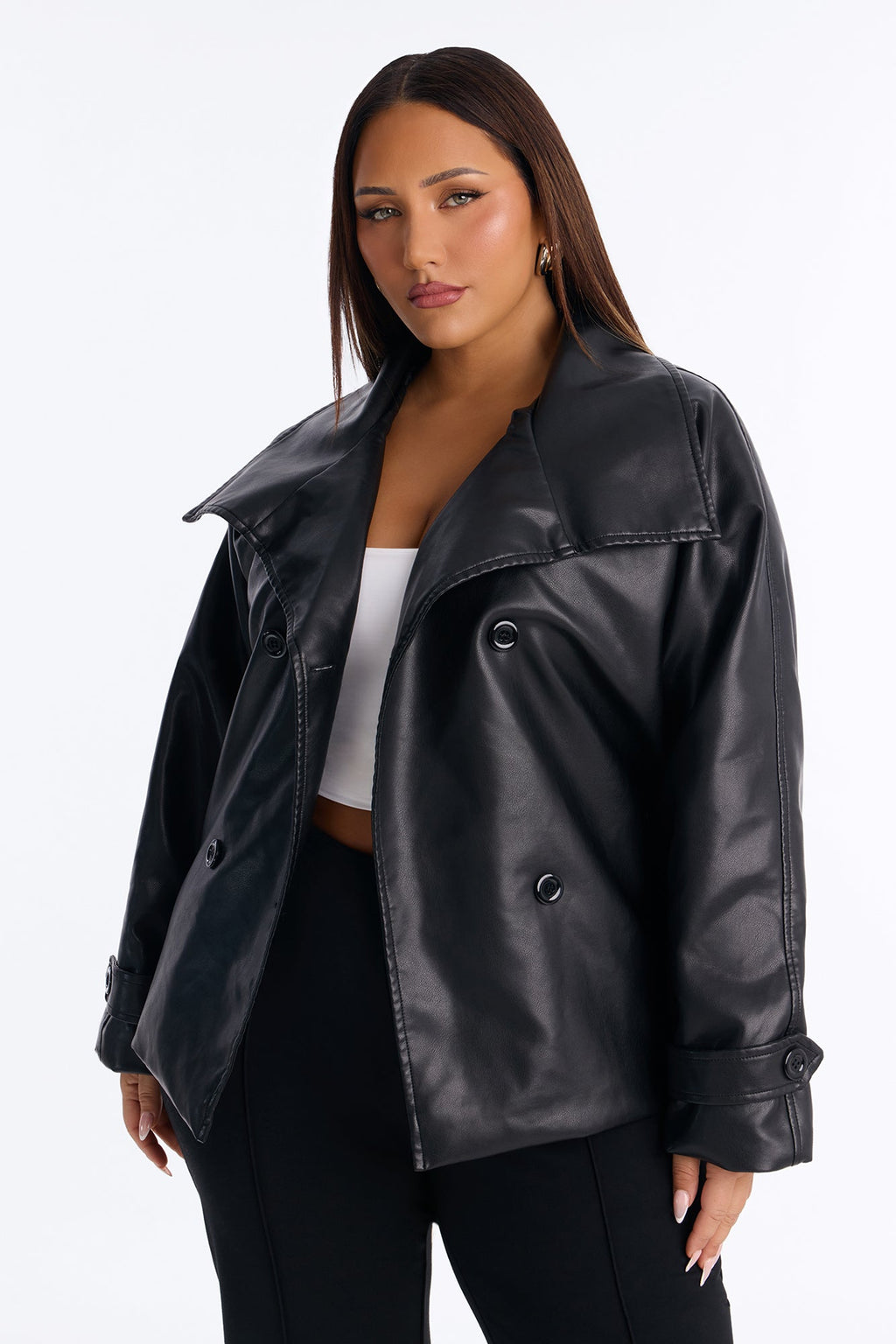 Let It Rain Faux Leather Short Trench - Black